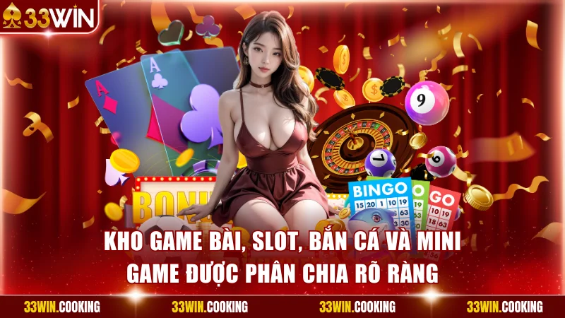 Kho game bài, slot, bắn cá và mini game được phân chia rõ ràng